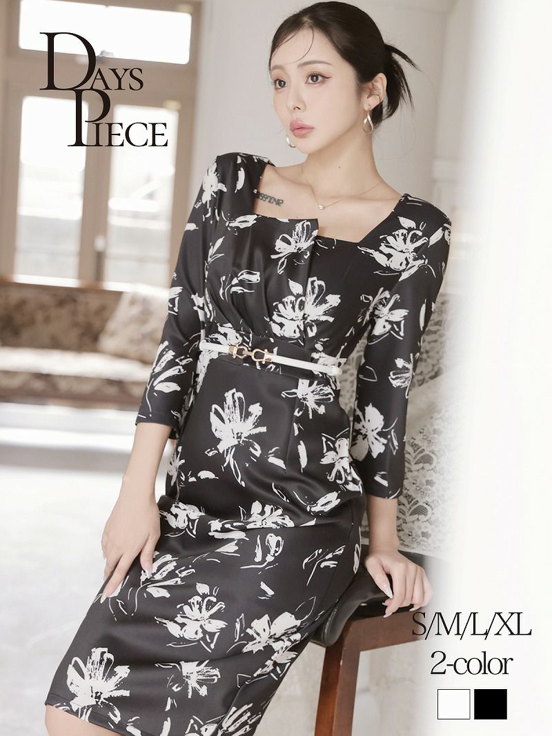 モノトーンフラワー袖付きミディ丈韓国ワンピース KANO 着用 キャバワンピース【DAYS PIECE】