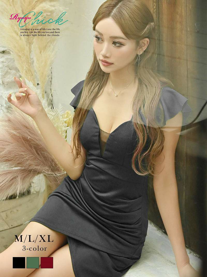 メッシュ胸盛りストレッチタイトミニドレス りおん 着用 キャバドレス【RyuyuChick】