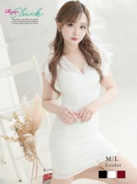 総レースタイトフリル袖キャバドレス りせり 着用 ミニドレス【RyuyuChick】(M/L)(ホワイト/ブラック/ワイン)