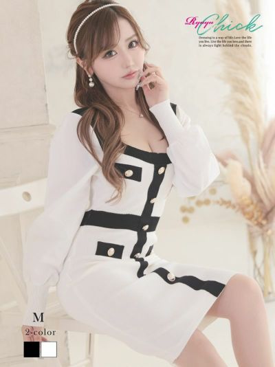 モノトーン袖切り替え膝丈ニットワンピース りせり 着用 ミニドレス【RyuyuChick】(M)(ホワイト/ブラック)