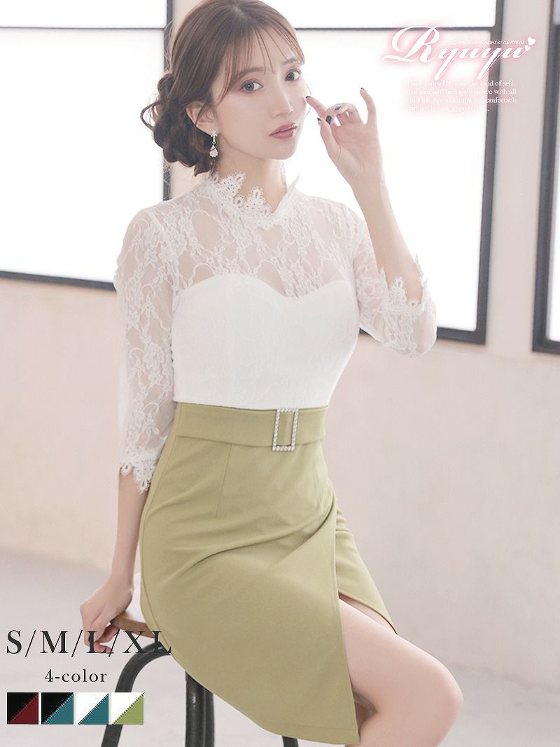 レースバイカラーハイネックミニドレス【Ryuyu】