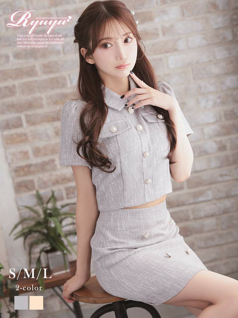 カラーツイード半袖クラシカルセットアップドレス【Ryuyu】(S/M/L)(グレージュ/オフホワイト)
