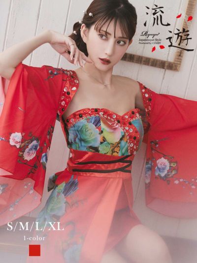 流遊　花魁ドレス　キャバ　スカート　花柄　総柄デザイン　ワインレッド リューユ Rew-You キャバドレス 和柄 花魁 ドレス 和柄 着物