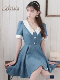 ツイードフレア袖付きガーリーミニキャバドレス 加賀美早紀 着用 キャバクラドレス【Belsia】(S/M/L/XL(2L))(ターコイズ/グレージュ)