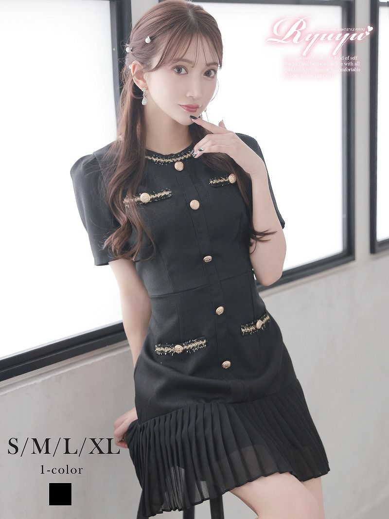 先行予約割￥6290→￥5976！※予約販売※黒ドーリー韓国風半袖プリーツキャバワンピース【Ryuyu】(S/M/L/XL(2L))(ブラック) ptpl