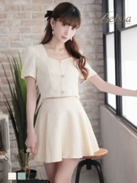 韓国風カラーツイード2ピースキャバドレス 加賀美早紀 着用 キャバクラドレス【Belsia】(S/M/L)(ホワイト/グリーン)