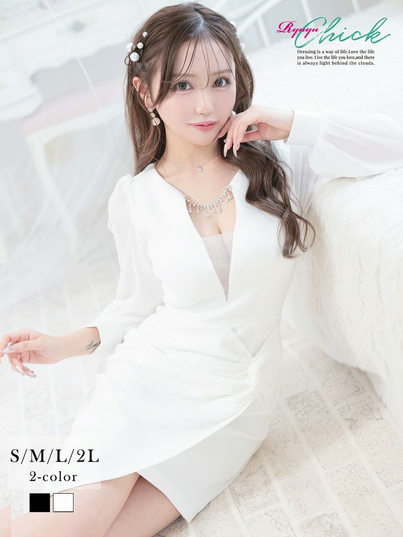 ※一部予約販売※ビジューシフォンアシメデザイン長袖ミニドレス りせり 着用 キャバドレス【RyuyuChick】