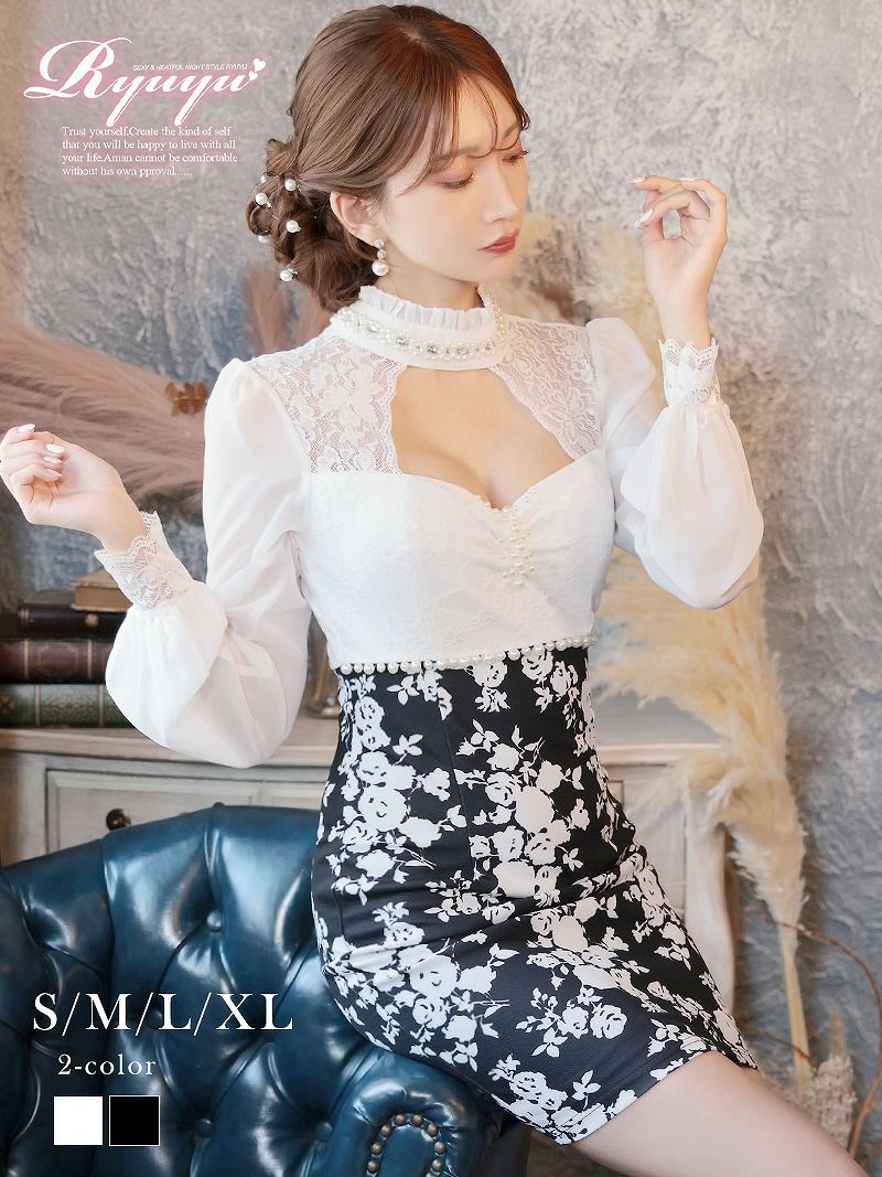 長袖花柄レースタイトミニドレス【Ryuyu】