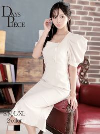 スクエアネックギャザータイトミディ丈袖付き韓国ドレス KANO 着用 キャバワンピース【DAYS PIECE】(S/M/L/XL(2L))(ベージュ/ブラック)