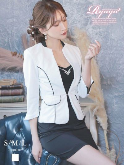 配色パイピング七分袖ノーカラージャケット【Ryuyu】(S/M/L)(ホワイト)