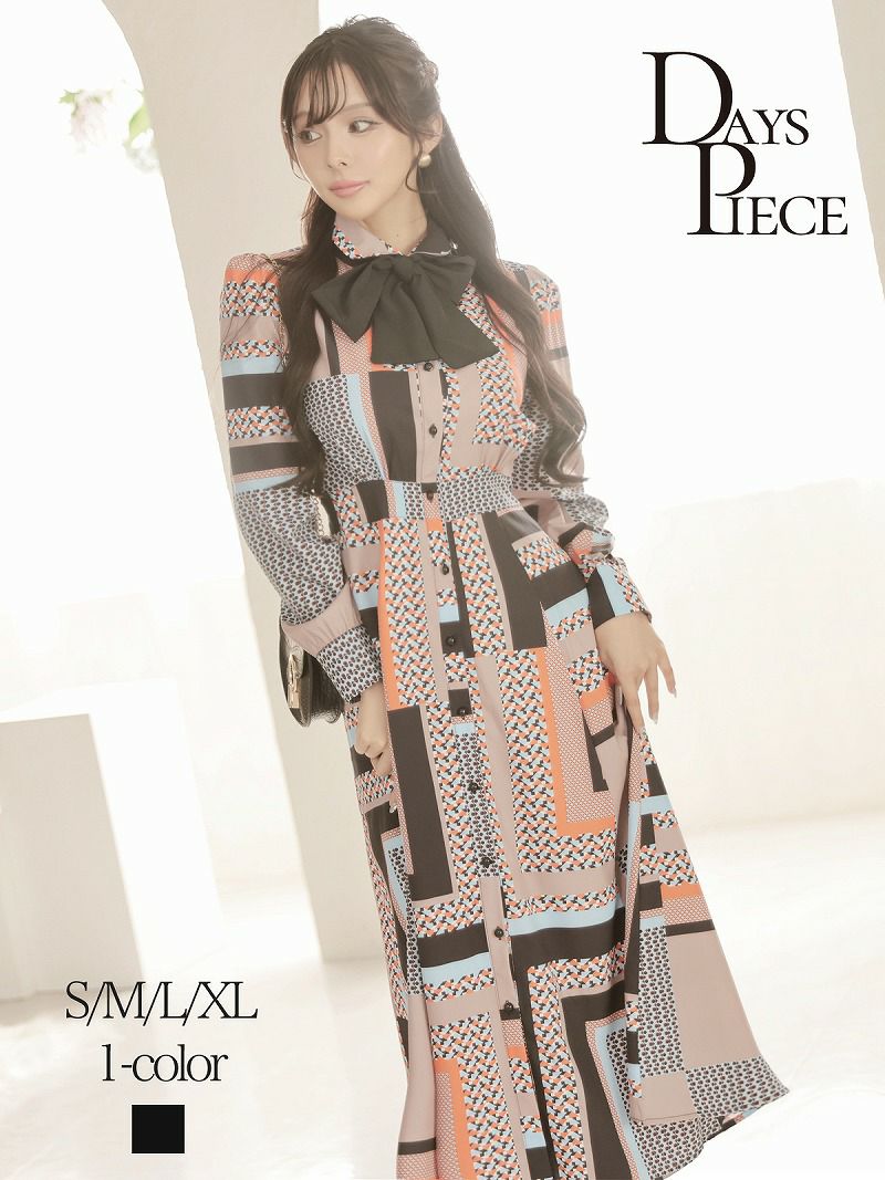 レトロジオメトリック柄ボウタイ長袖ロングワンピース【DaysPiece】