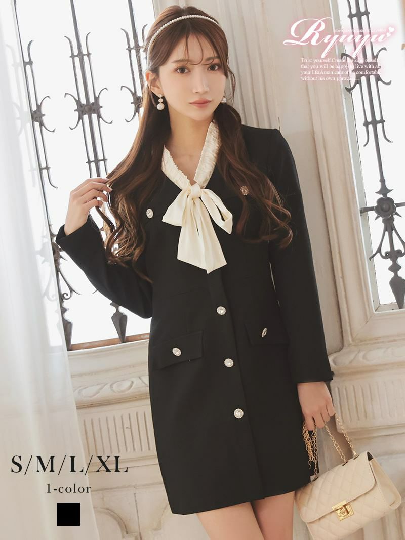 バイカラーボウタイ付き パールボタン 長袖タイトミニスーツ風ドレス【Ryuyu】