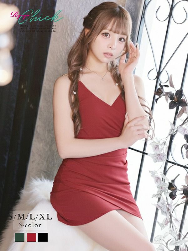 ビジュー肩紐深Vネックキャミソールミニタイトミニドレス あいさ 着用 キャバドレス【RyuyuChick】(S/M/L/XL(2L))(ブラック/グリーン/ワイン)