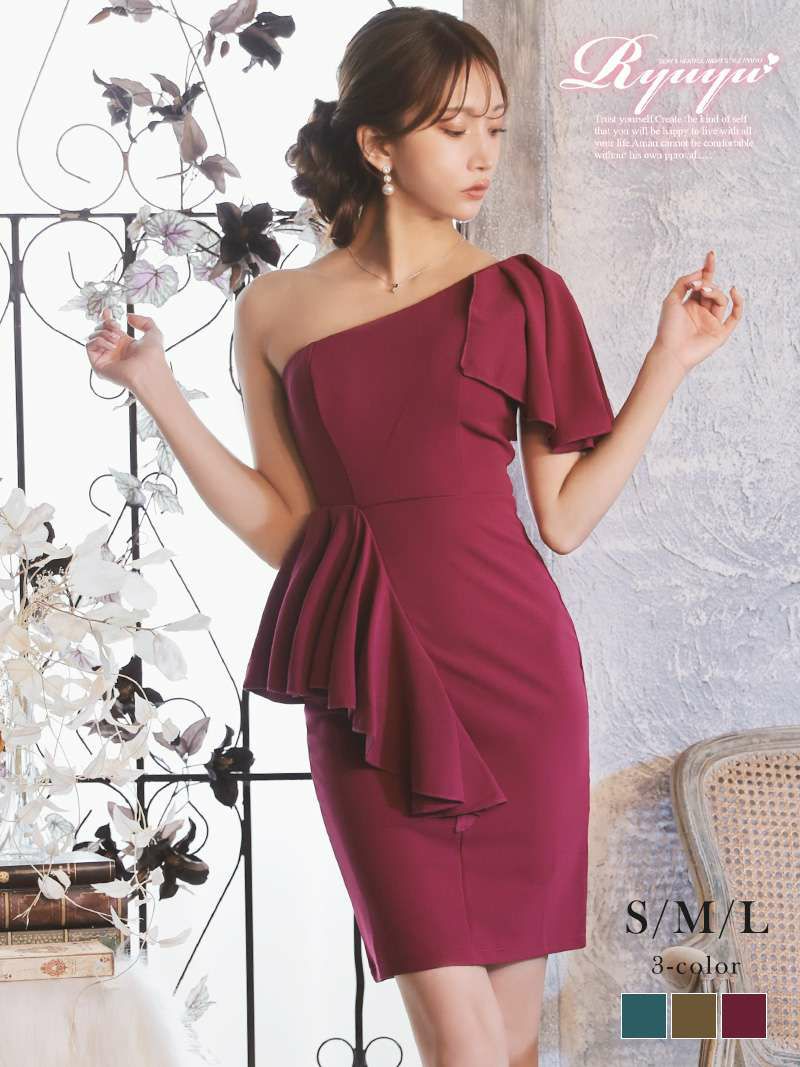 アシンメトリーショルダータイトミニドレス【Ryuyu】
