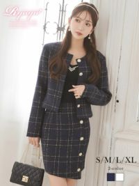 先行予約割￥7390→￥7021！※一部予約販売※上品ツイードのクラシカルチェック柄セットアップスーツ(S/M/L/XL(2L))(ホワイト/ネイビー)