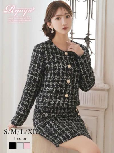 先行予約割￥7390→￥7021！※一部予約販売※ゴールドボタンが華やかなノーカラーチェック柄ツイード長袖セットアップキャバスーツ【Ryuyu】(S/M/L/XL(2L))(ブラック/ピンク/グレー)