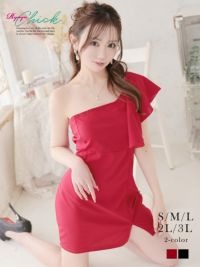 先行予約割￥1980→￥1881！※一部予約販売※大胆な肩フリルがデコルテを華やかに彩るワンショルダーのタイトミニドレス りせり 着用 ミニドレス【RyuyuChick】(S/M/L/XL(2L)/XXL(3L))(ワイン/ブラック)