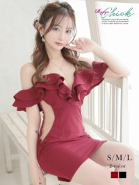 先行予約割￥3980→￥3781！※一部予約販売※ボリュームフリルウエストカッティングミニドレス りせり 着用 キャバドレス【RyuyuChick】(S/M/L)(ブラック/レッド)