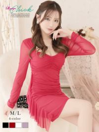 先行予約割¥3980→¥3781!※一部予約販売※透けメッシュ袖シアードレープギャザータイトワンピース りせり 着用 キャバドレス【RyuyuChick】(M/L)(レッド/ブラック/パープル/ホワイト)