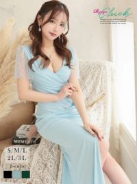 先行予約割￥4980→￥4731！※一部予約販売※カシュクール大胆スリットシフォン袖付きロングドレス りせり 着用 キャバドレス【RyuyuChick】(S/M/L/XL(2L)/XXL(3L))(グリーン/ブルー/ブラック)