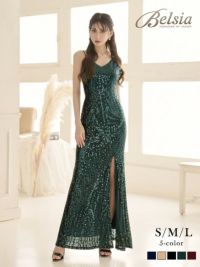 全身スパンコール美脚スリットタイトキャミロングドレス 加賀美早紀 着用 キャバドレス【Belsia】(S/M/L)(グリーン/ネイビー/ゴールド/ブラック/レッド)