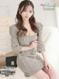 先行予約割¥4680→¥4446!※予約販売※ミックスツイード七分袖タイトワンピース ダブルボタンデザイン 韓国風ドールミニドレス りせり 着用 キャバドレス【RyuyuChick】(S/M/L/XL(2L))(ベージュ)