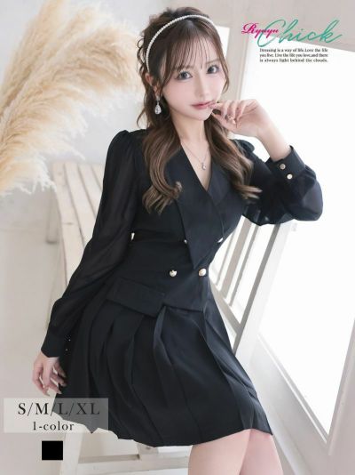 先行予約割¥4980→¥4731!※予約販売※パールボタン付きシフォン袖ドッキングプリーツドールワンピース【RyuyuChick】(S/M/L/XL(2L))(ブラック)