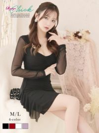 先行予約割¥3980→¥3781!※一部予約販売※シアースリーブデコルテギャザータイトミニドレス【RyuyuChick】(M/L)(レッド/ブラック/パープル/ホワイト)
