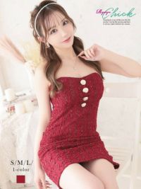 煌めくスパンコールツイードが目を引くゴールドボタン付きベアタイトミニドレス【RyuyuChick】(S/M/L)(ワイン)