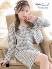 先行予約割¥4980→¥4731!※一部予約販売※上品なチェック柄ニットツイードのノーカラー長袖ジャケットとタイトキャミワンピのセットアップ【RyuyuChick】(S/M/L/XL(2L))(ホワイト)