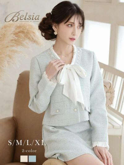 ※一部予約販売※ボウタイリボン付きビジューボタンツイードセットアップミニスーツ 加賀美早紀 着用 キャバスーツ【Belsia】(S/M/L/XL(2L))(ホワイト/ブルー)
