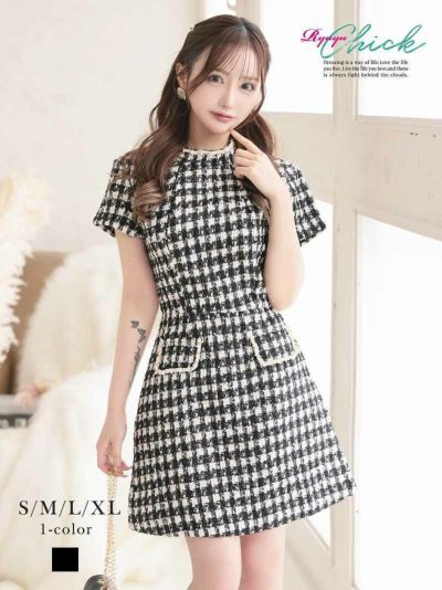 厚手ツイードパールパイピング袖付きチェック柄ドールワンピース 【RyuyuChick】(S/M/L/XL(2L))(ブラック)