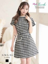 先行予約割￥4980→￥4731！※予約販売※厚手ツイードパールパイピング袖付きチェック柄ドールワンピース 【RyuyuChick】(S/M/L/XL(2L))(ブラック)