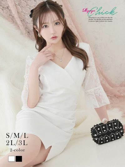 ベルスリーブ袖レースカシュクールタイトミニドレス ギャザー寄せウエスト細見せキャバドレス 前スリット入り りせり 着用 キャバドレス【RyuyuChick】(S/M/L/XL(2L)/XXL(3L))(ブラック/ホワイト)