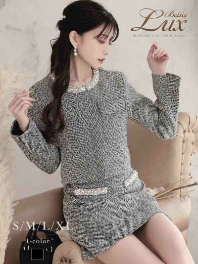 上質厚手ツイード首元ビジューノーカラージャケット＆ミニスカートセットアップ冬スーツ 加賀美早紀 着用キャバスーツ【BelsiaLUX】(S/M/L/XL(2L))(ブラック)