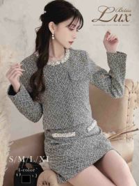 上質厚手ツイード首元ビジューノーカラージャケット＆ミニスカートセットアップ冬スーツ 加賀美早紀 着用キャバスーツ【BelsiaLUX】(S/M/L/XL(2L))(ブラック)