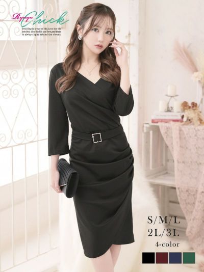 ※一部予約販売※スクエアバックルベルト付きカシュクールVネック七分袖膝丈タイトキャバワンピース りせり 着用 キャバドレス【RyuyuChick】(S/M/L/XL(2L)/XXL(3L))(ネイビー/ブラック/グリーン/ボルドー)