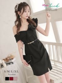 先行予約割￥4280→￥4065！※一部予約販売※大ぶりフリルワンショルダー細ベルト付きアシンメトリータイトミニドレス りせり 着用 キャバドレス【RyuyuChick】(S/M/L/XL(2L))(レッド/ブラック/ピンク)