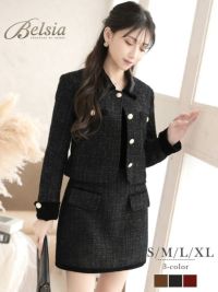先行予約割￥9900→￥9405！※一部予約販売※襟付き金ボタンツイードジャケット×タイトミニスカートセットアップ フォーマルキャバドレス 加賀美早紀 着用キャバスーツ【Belsia】(S/M/L/XL(2L))(ブラック/レッド/ベージュ)