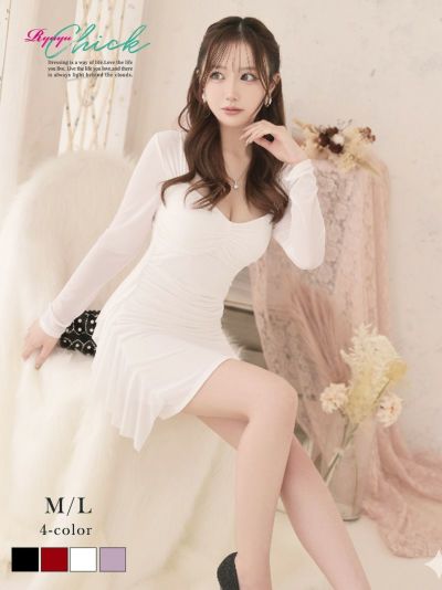 ※一部予約販売※シアーな長袖が色っぽさを引き立てるカシュクールギャザーミニドレス りせり 着用 キャバドレス【RyuyuChick】(M/L)(レッド/ブラック/パープル/ホワイト)