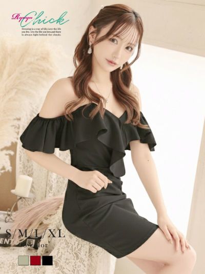 ※一部予約販売※大ぶりフリルがデコルテを華やかに彩るオフショルタイトミニドレス りせり 着用 キャバドレス【RyuyuChick】(S/M/L/XL(2L))(ブラック/レッド/ライトグリーン)
