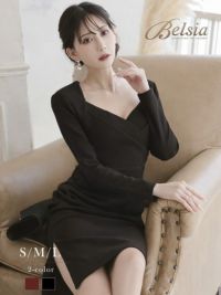 先行予約割¥7980→¥7581!※一部予約販売※クロスデザインの胸元が艶やかなカシュクールギャザー長袖タイトキャバワンピース 加賀美早紀 着用キャバドレス【BelsiaLUX】(S/M/L)(ワイン/ブラック)