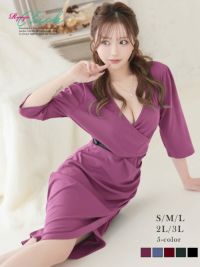 先行予約割¥3980→¥3781!※一部予約販売※深Vネックカシュクール五分袖タイト膝丈キャバドレス 谷間強調ウエストマークワンピ りせり 着用 キャバドレス【RyuyuChick】(S/M/L/XL(2L)/XXL(3L))(グリーン/ブラック/ワイン/パープル/ブルー)