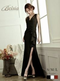 先行予約割¥10280→¥9765!※一部予約販売※縦ラインのフリルが揺れるVネックサイドスリットタイトロングドレス 加賀美早紀 着用キャバドレス【BelsiaLUX】(S/M/L)(ブラック(L/3月中旬)/ホワイト(M/L/3月中旬)/ワイン)