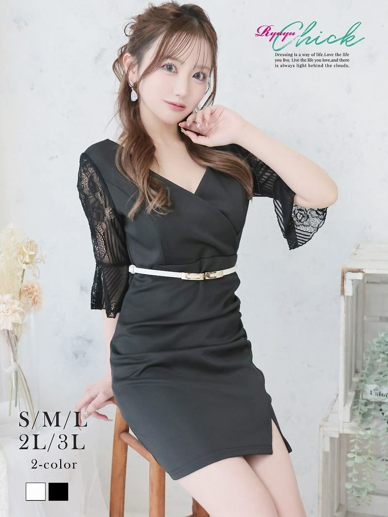 ※一部予約販売※シアーレース袖カシュクールベルト付きタイトミニキャバドレス 谷間魅せ細ベルトセットワンピ りせり 着用 キャバドレス【RyuyuChick】