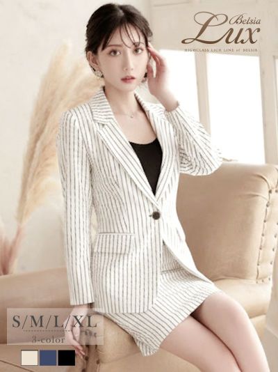 ストライプ柄1ボタンテーラードジャケットミニスカートセットアップスーツ 加賀美早紀 着用キャバスーツ【BelsiaLUX】(S/M/L/XL(2L))(ホワイト/ブラック/ネイビー)