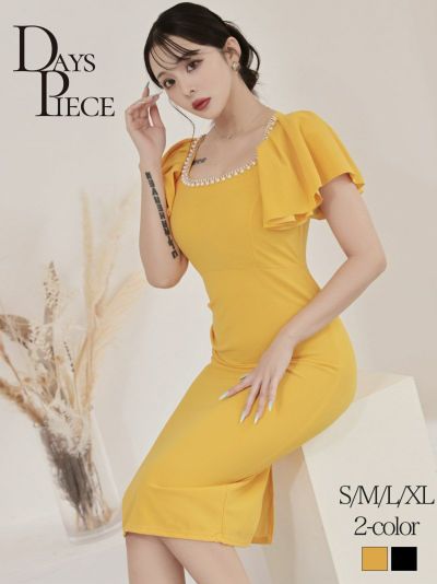 パールビジュー付き二重フリル袖ハイウエスト切り替えタイトキャバドレス 韓国style足長ミニワンピ KANO 着用 キャバワンピース【DaysPiece】(S/M/L/XL(2L))(ブラック/イエロー)