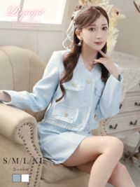 ゴールドボタンフリンジツイードセットアップノーカラー台形スカートミニドレス【Ryuyu】(S/M/L/XL(2L))(ブルー/オフホワイト)