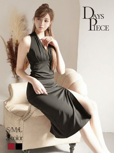 アメスリドレープカラー谷間みせウエスト切り替えタイトキャバドレス 韓国styleストレッチミディ丈ワンピ【DaysPiece】(S/M/L)(レッド/ブラック)