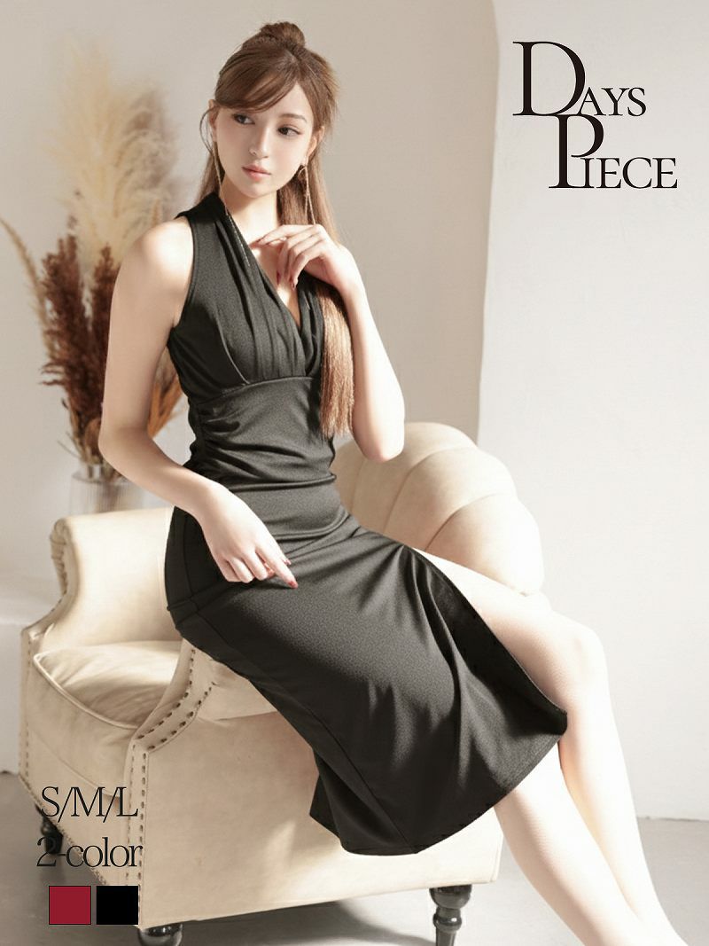 アメスリドレープカラー谷間みせウエスト切り替えタイトキャバドレス 韓国styleストレッチミディ丈ワンピ【DaysPiece】